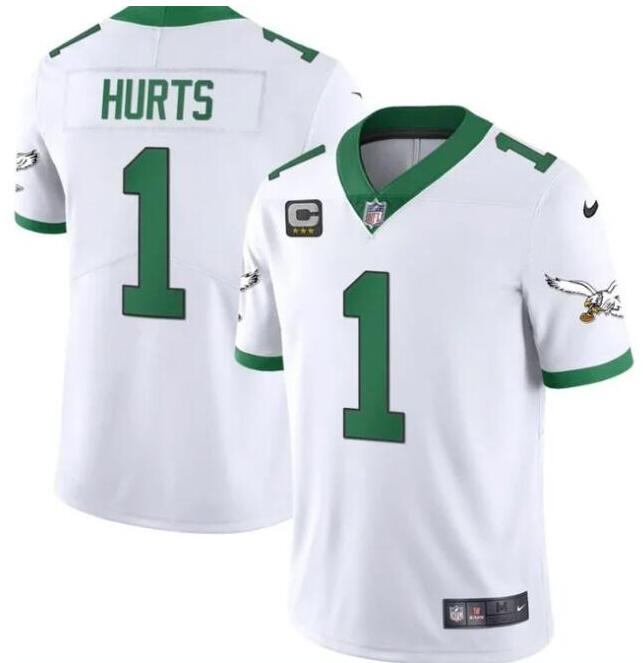 Men's White Philadelphia Eagles #1 Jalen Hurts Vapor Limited With C Patch Stitched Football Jersey